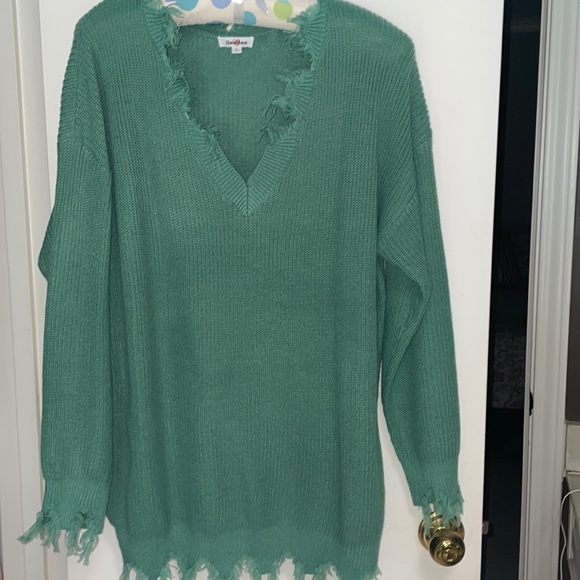 Green Chewed Hem Sweater-1X - Picture 1 of 4
